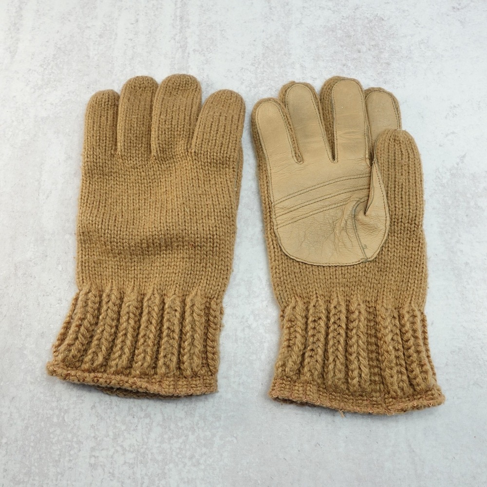 Vintage Mens Camel Brown Knit Winter Gloves Leather Palm Grip Ribbed Cuff